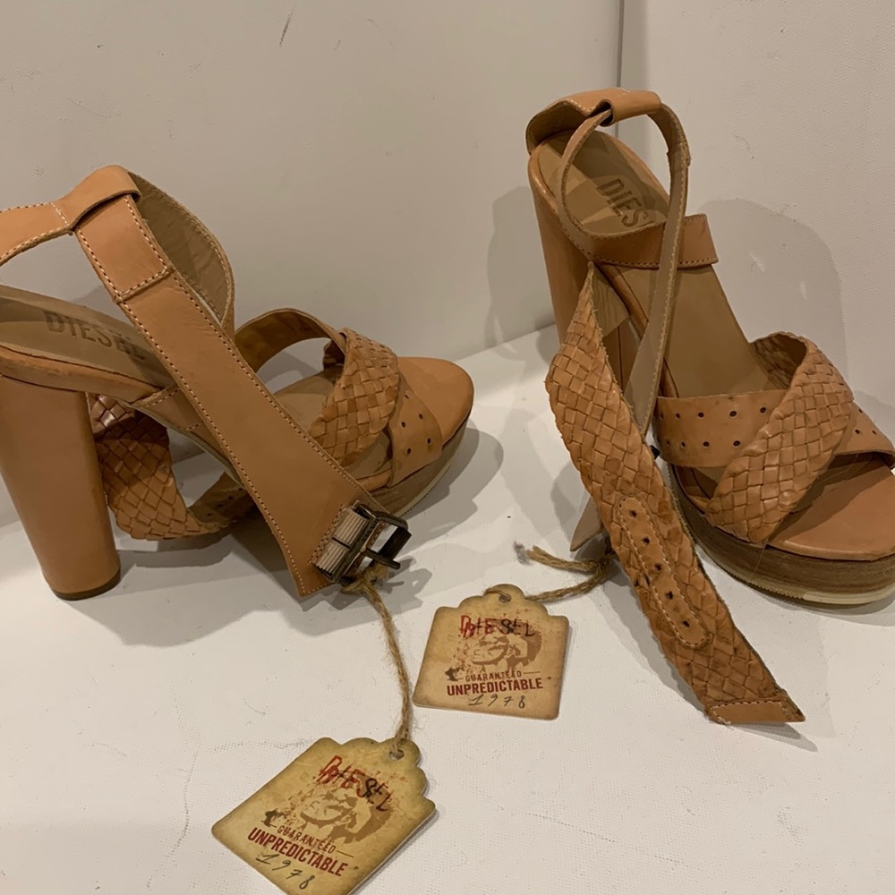 DIESEL Leather Platform Wedge Nude Heel Braided Woven Ankle Buckle Strap NWT